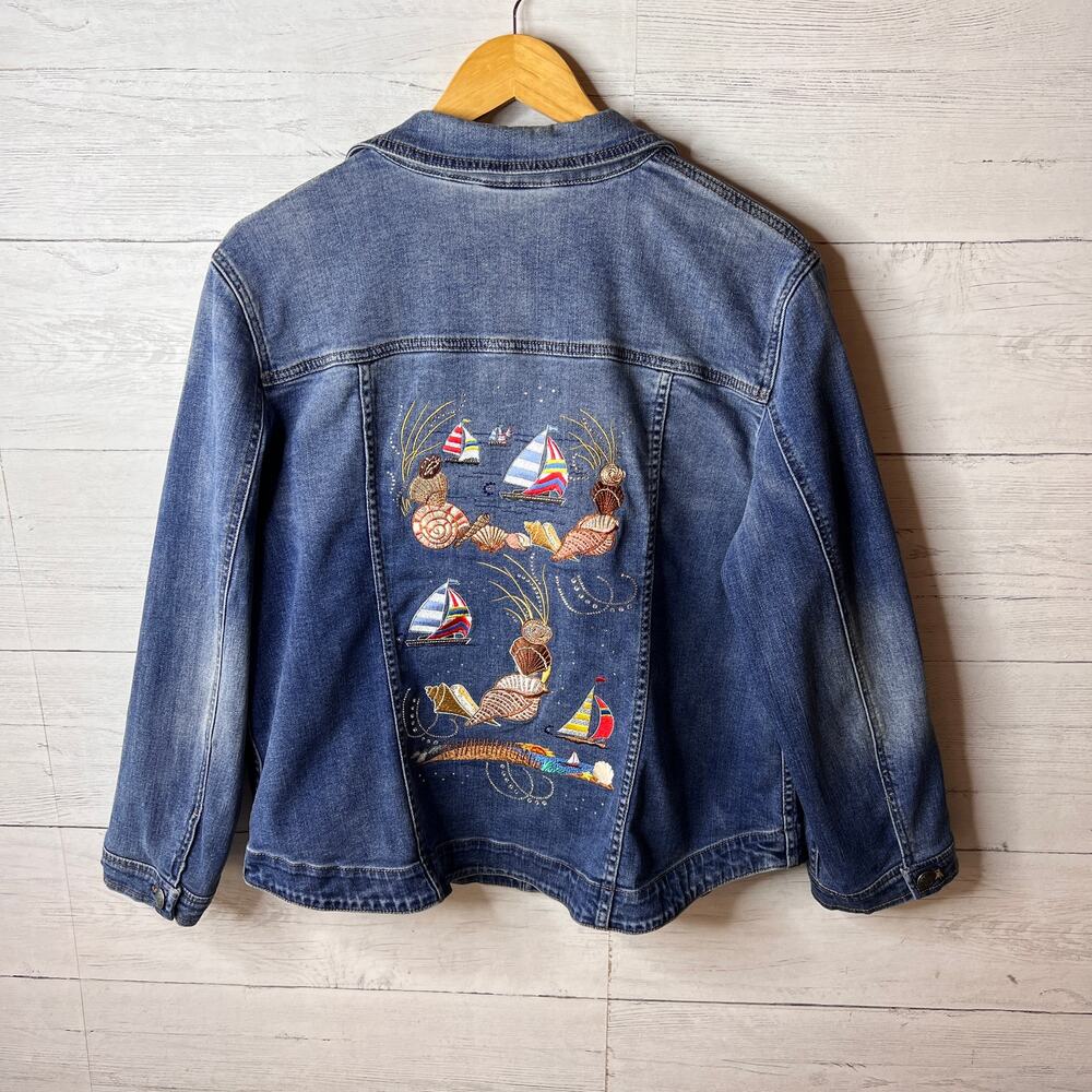 Chicos Jacket Womens Size 3/XL Beach Embroidered Denim Cotton Blend Stretch